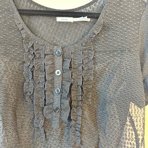 Kimchi Blue Black Sheer Swiss Dot Ruffle Bib Button Down Short Sleeve To… - Picture 3 of 9